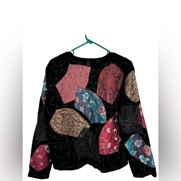 Chico's Jacket Size 0 Black Velvet Patchwork Floral Silk Embroidery - Picture 4 of 6